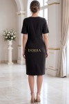 Rochie cocktail Gemma din stofa elastica neagra, cu maneca scurta si aplicatii la decolteu