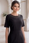 Rochie cocktail Gemma din stofa elastica neagra, cu maneca scurta si aplicatii la decolteu