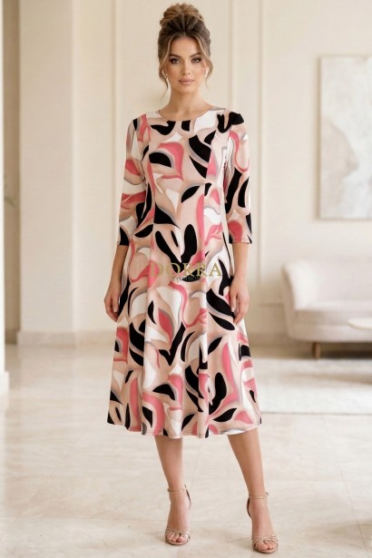 Rochie midi Gisele din jerse bej imprimat, mâneci 3/4, croială lejeră