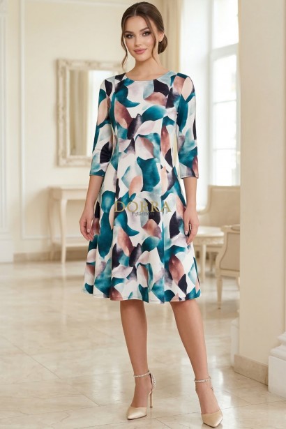 Rochie midi Gisele din jerse cu imprimeu abstract turquoise, mâneci 3/4, croială lejeră