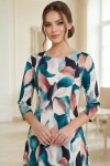 Rochie midi Gisele din jerse cu imprimeu abstract turquoise, mâneci 3/4, croială lejeră