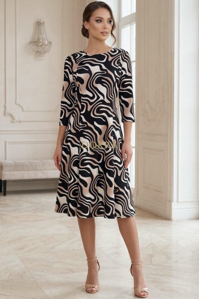 Rochie midi Gisele din jerse negru cu bej, mâneci 3/4, croială lejeră