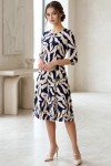 Rochie midi Gisele din jerse cu imprimeu abstract negru cu bej, mâneci 3/4, croială lejeră