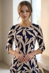 Rochie midi Gisele din jerse cu imprimeu abstract negru cu bej, mâneci 3/4, croială lejeră