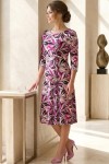 Rochie midi Gisele din jerse cu imprimeu ciclamen, mâneci 3/4, croială lejeră
