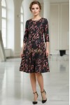 Rochie de ocazie Gisele din jerse negru cu imprimeu metalizat aramiu, maneci 3/4, croiala lejera