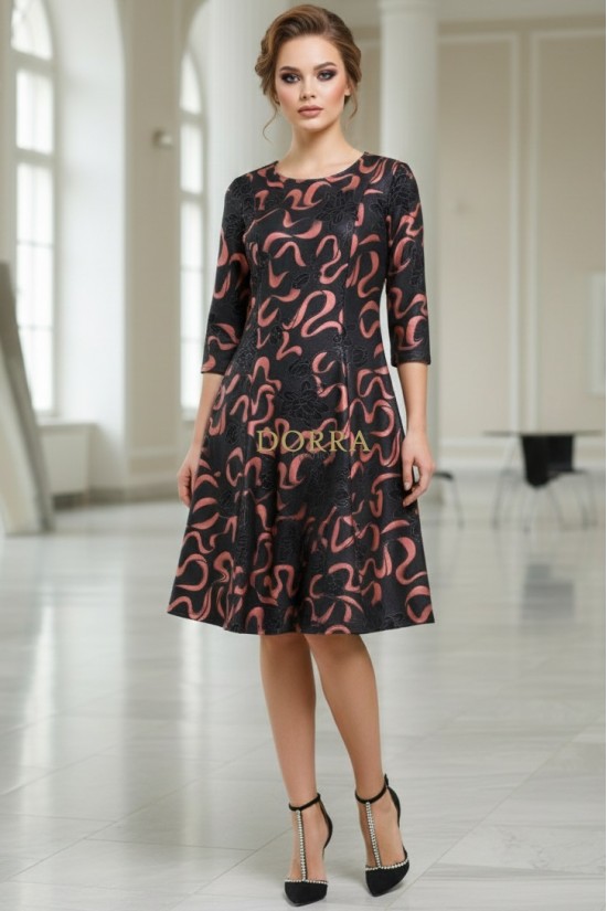 Rochie de ocazie Gisele din jerse negru cu imprimeu metalizat aramiu, maneci 3/4, croiala lejera