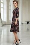 Rochie de ocazie Gisele din jerse negru cu imprimeu metalizat aramiu, maneci 3/4, croiala lejera