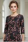 Rochie de ocazie Gisele din jerse negru cu imprimeu metalizat aramiu, maneci 3/4, croiala lejera