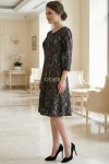 Rochie de ocazie Gisele din jerse negru cu imprimeu metalizat, maneci 3/4, croiala lejera
