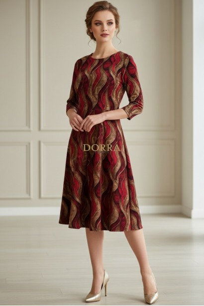 Rochie midi Gisele din jerse rosu cu bej, maneci 3/4, croiala lejera