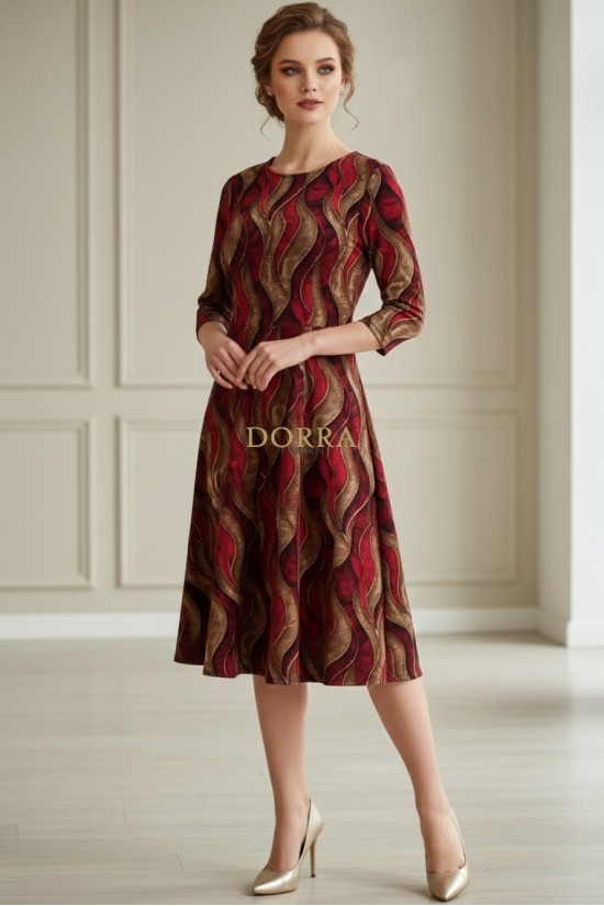 Rochie midi Gisele din jerse rosu cu bej, maneci 3/4, croiala lejera