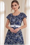 Rochie midi Gladys din lycra bleumarin cu accente muștar, cu mâneci fluture și centură