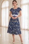 Rochie midi Gladys din lycra bleumarin cu accente muștar, cu mâneci fluture și centură