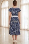 Rochie midi Gladys din lycra bleumarin cu accente muștar, cu mâneci fluture și centură