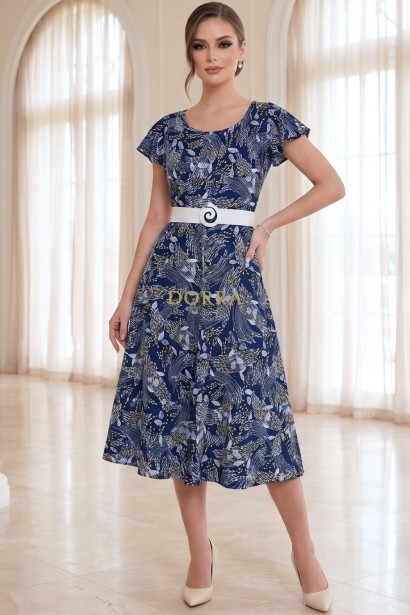 Rochie midi Gladys din lycra bleumarin cu accente muștar, cu mâneci fluture și centură