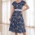 Rochie midi Gladys din lycra bleumarin cu accente muștar, cu mâneci fluture și centură