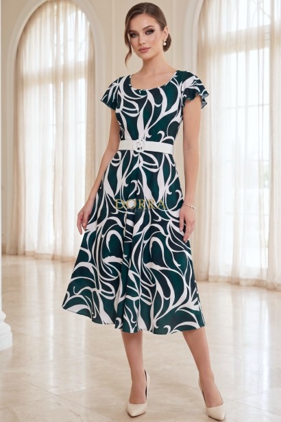 Rochie midi Gladys din lycra cu imprimeu abstract verde, cu mâneci fluture și centură