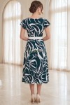Rochie midi Gladys din lycra cu imprimeu abstract verde, cu mâneci fluture și centură