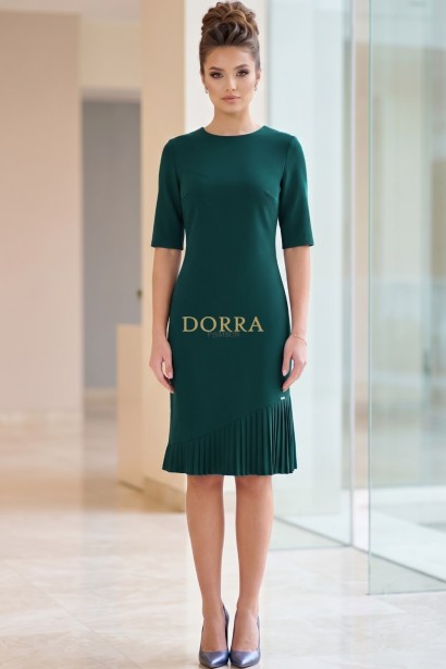 Rochie Helenna din jerse elastic verde inchis cu pliseuri si maneca scurta