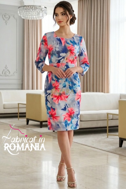 Rochie de zi Iustina din barbie albastru cu flori corai