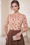 Rochie măsuri mari Jody din mătăsică și stofă maro, cu clini și mânecă 3/4