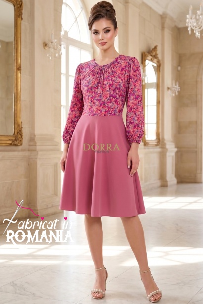 Rochie măsuri mari Jody din mătăsică și stofă roz antic, cu clini și mânecă 3/4
