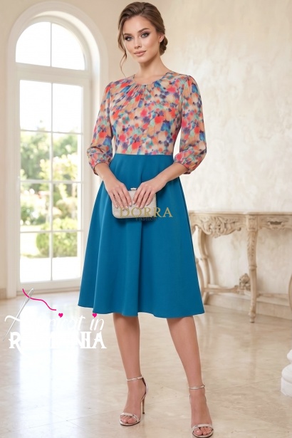 Rochie măsuri mari Jody din mătăsică și stofă turquoise, cu clini și mânecă 3/4