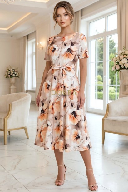 Rochie midi Karin din barbie bej cu imprimeu floral culoarea piersicii, mâneci scurte, buzunare și cordon