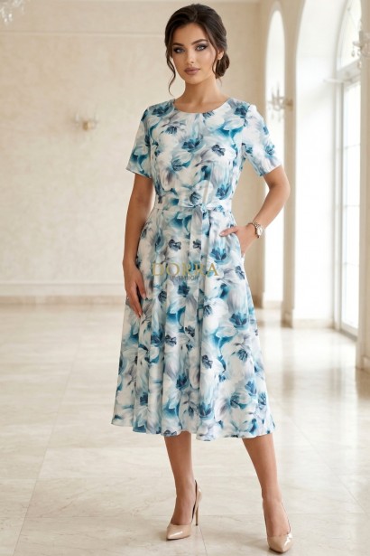 Rochie midi Karin din barbie cu imprimeu floral turquoise, mâneci scurte, buzunare și cordon