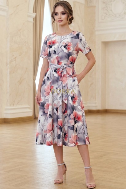 Rochie midi Karin din barbie cu imprimeu floral roz, mâneci scurte, buzunare și cordon
