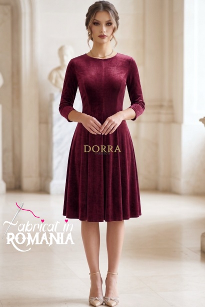 Rochie Katherine din catifea grena, cu croiala in clini