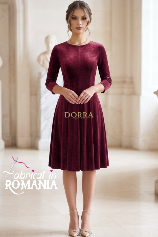 Rochie Katherine din catifea grena, cu croiala in clini