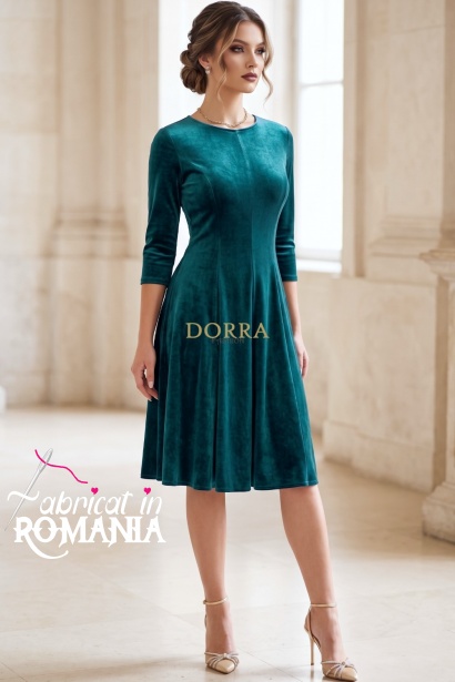 Rochie Katherine din catifea turquoise, cu croiala in clini