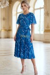 Rochie Kim din lycra cu imprimeu albastru degrade, cu maneci si cordon din voal