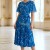 Rochie Kim din lycra cu imprimeu albastru degrade, cu maneci si cordon din voal