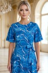 Rochie Kim din lycra cu imprimeu albastru degrade, cu maneci si cordon din voal