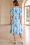 Rochie cocktail Kim din lycra în nuanțe de bleu/turquoise, cu mâneci și cordon din voal