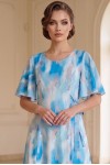 Rochie cocktail Kim din lycra în nuanțe de bleu/turquoise, cu mâneci și cordon din voal