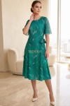 Rochie cocktail Kim din lycra cu imprimeu verde abstract, cu mâneci și cordon din voal