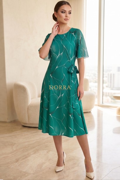 Rochie cocktail Kim din lycra cu imprimeu verde abstract, cu mâneci și cordon din voal