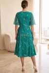 Rochie cocktail Kim din lycra cu imprimeu verde abstract, cu mâneci și cordon din voal
