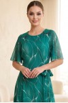 Rochie cocktail Kim din lycra cu imprimeu verde abstract, cu mâneci și cordon din voal