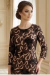 Rochie cocktail Korinne din jerse maro metalizat, imprimeu bej/negru, croiala larga si buzunare