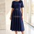 Rochie midi Leah din stofa bleumarin, masuri mari, cu floare detasabila si curea