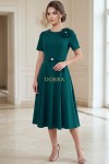 Rochie midi Leah din stofa verde, masuri mici, cu floare detasabila si curea