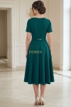 Rochie midi Leah din stofa verde, masuri mici, cu floare detasabila si curea