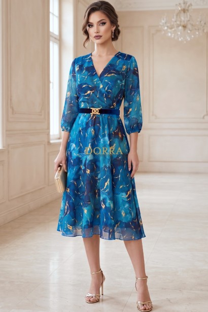 Rochie de ocazie Liona din voal turquoise cu accente aurii, captuseala si curea