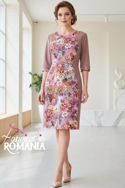 Rochie Lizzy cu croiala clepsidra, din jerse roz prafuit si imprimat