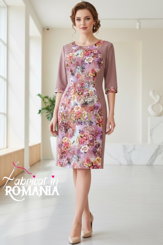 Rochie Lizzy cu croiala clepsidra, din jerse roz prafuit si imprimat